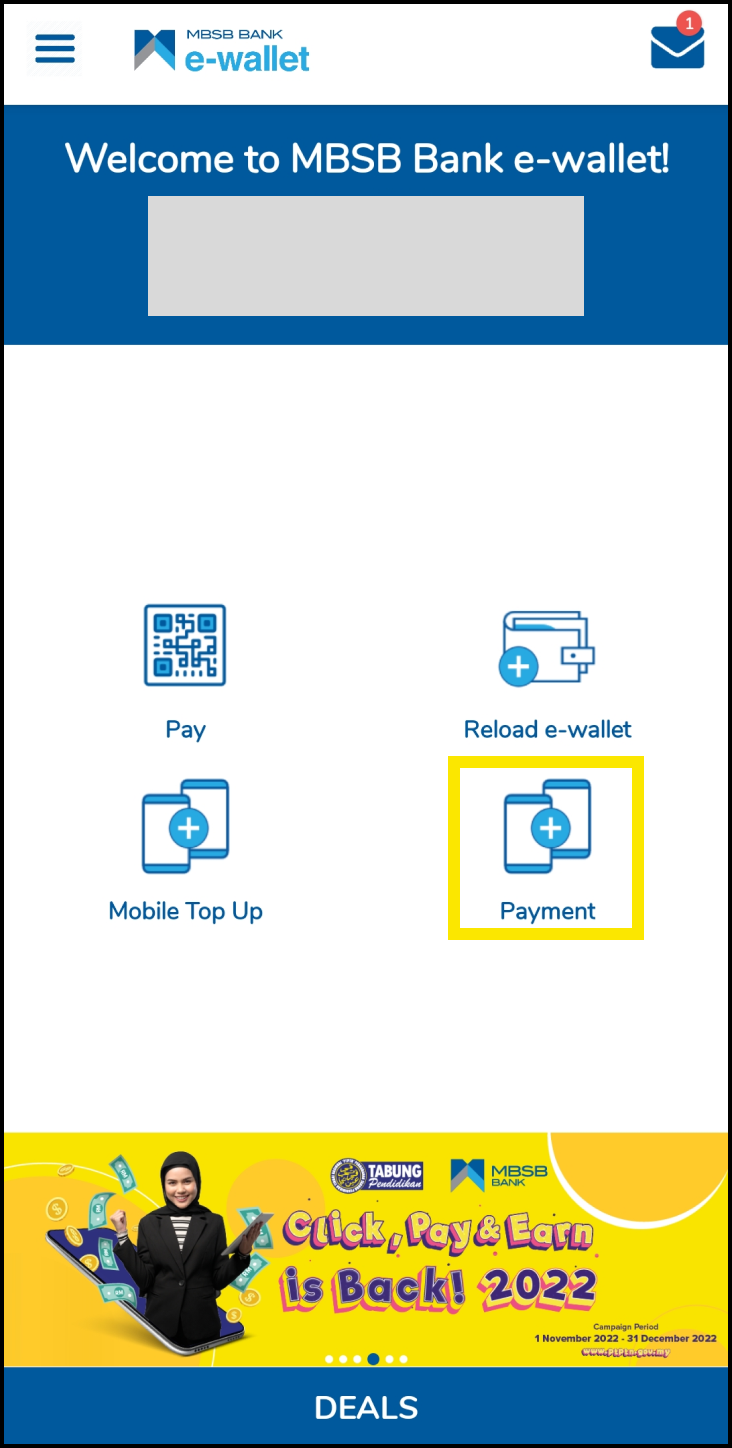 Langkah 1 : Bayaran Balik Pinjaman PTPTN Menggunakan Aplikasi MBSB Bank e-wallet