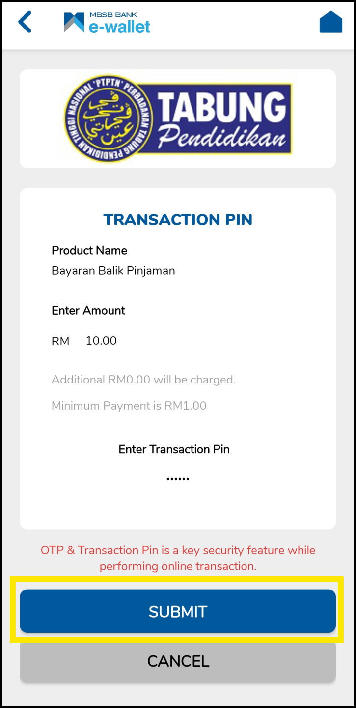 Langkah 6 : Bayaran Balik Pinjaman PTPTN Menggunakan Aplikasi MBSB Bank e-wallet