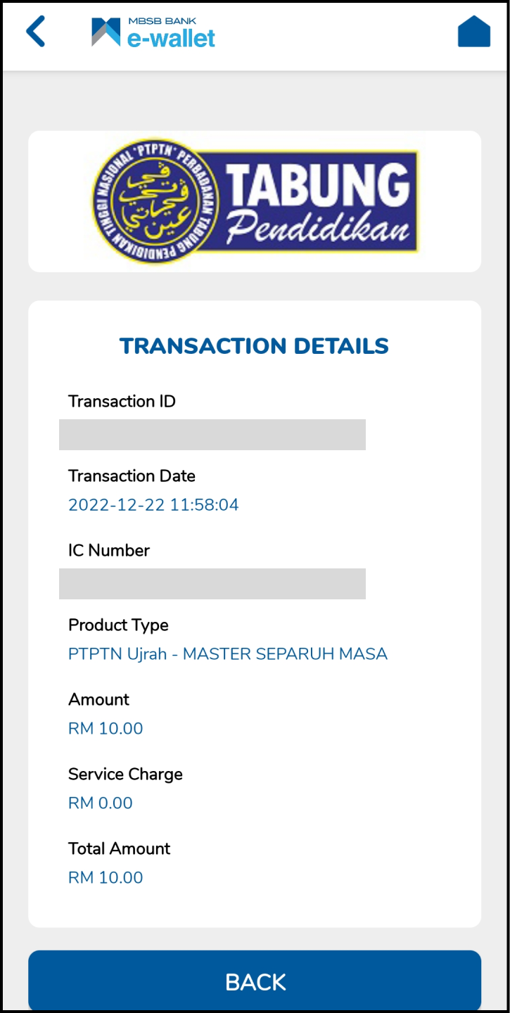 Langkah 7 : Bayaran Balik Pinjaman PTPTN Menggunakan Aplikasi MBSB Bank e-wallet