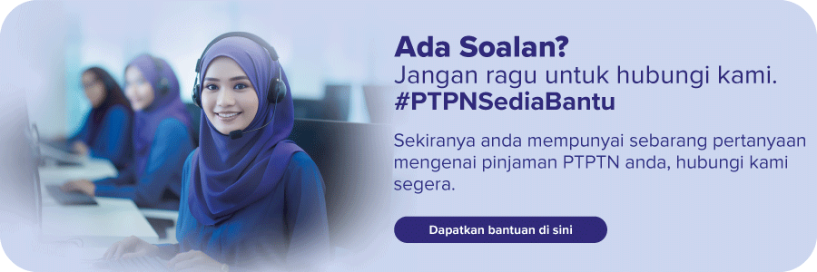 Petugas khidmat pelanggan bertudung dengan fon kepala, bersama mesej bantuan PTPTN #PTPTNSediaBantu.