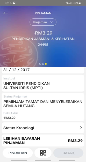 Paparan aplikasi myPTPTN menunjukkan status pinjaman selesai dan lebihan bayaran RM3.29