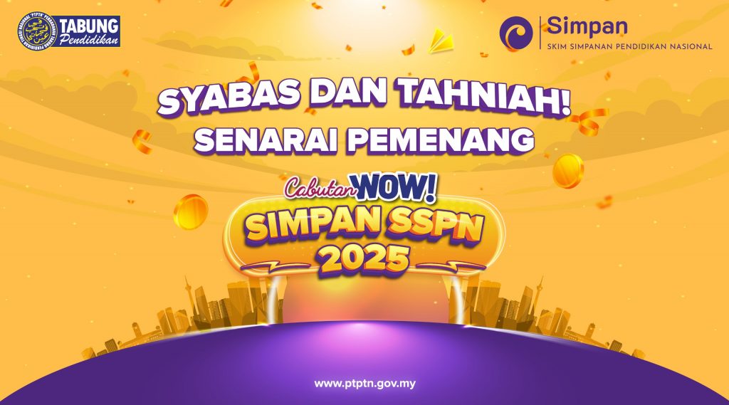 Poster senarai pemenang Cabutan WOW! Simpan SSPN 2025 dengan tema warna jingga dan ungu serta mesej tahniah.
