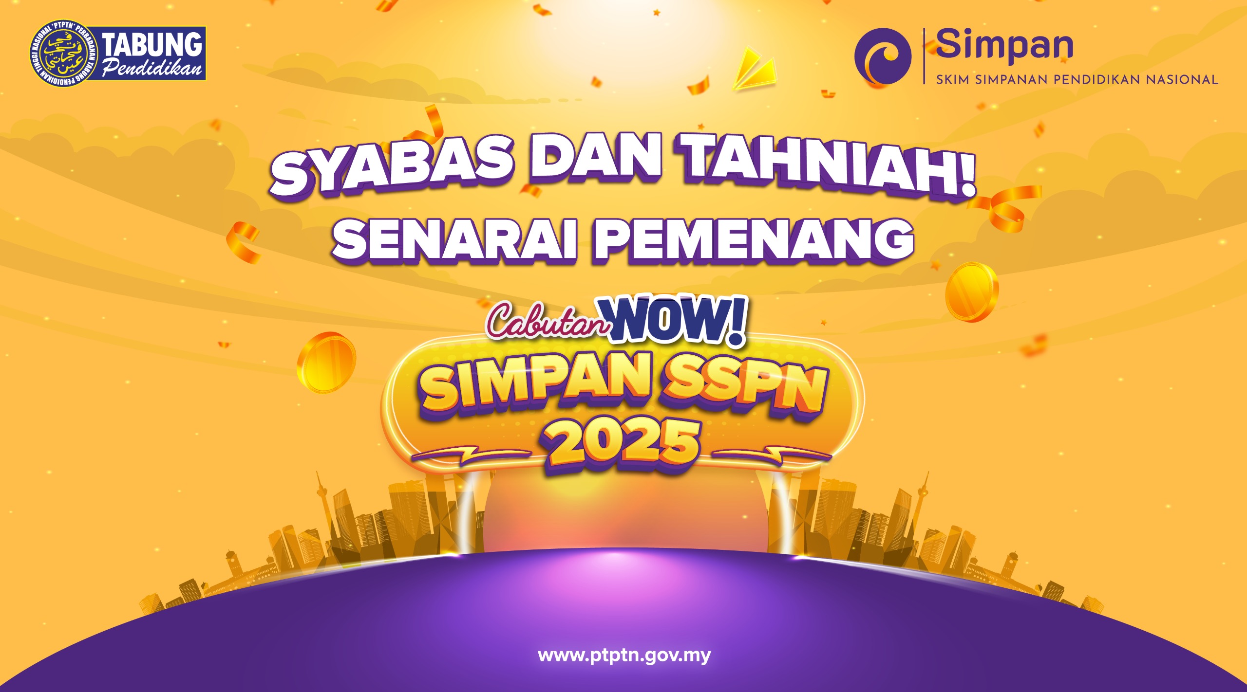 Poster senarai pemenang Cabutan WOW! Simpan SSPN 2025 dengan tema warna jingga dan ungu serta mesej tahniah.
